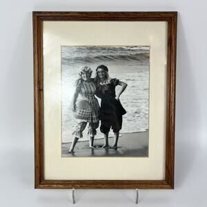 Vtg Women Beach Wooden Framed Photograph Black White Retro Ocean Decor Scenic